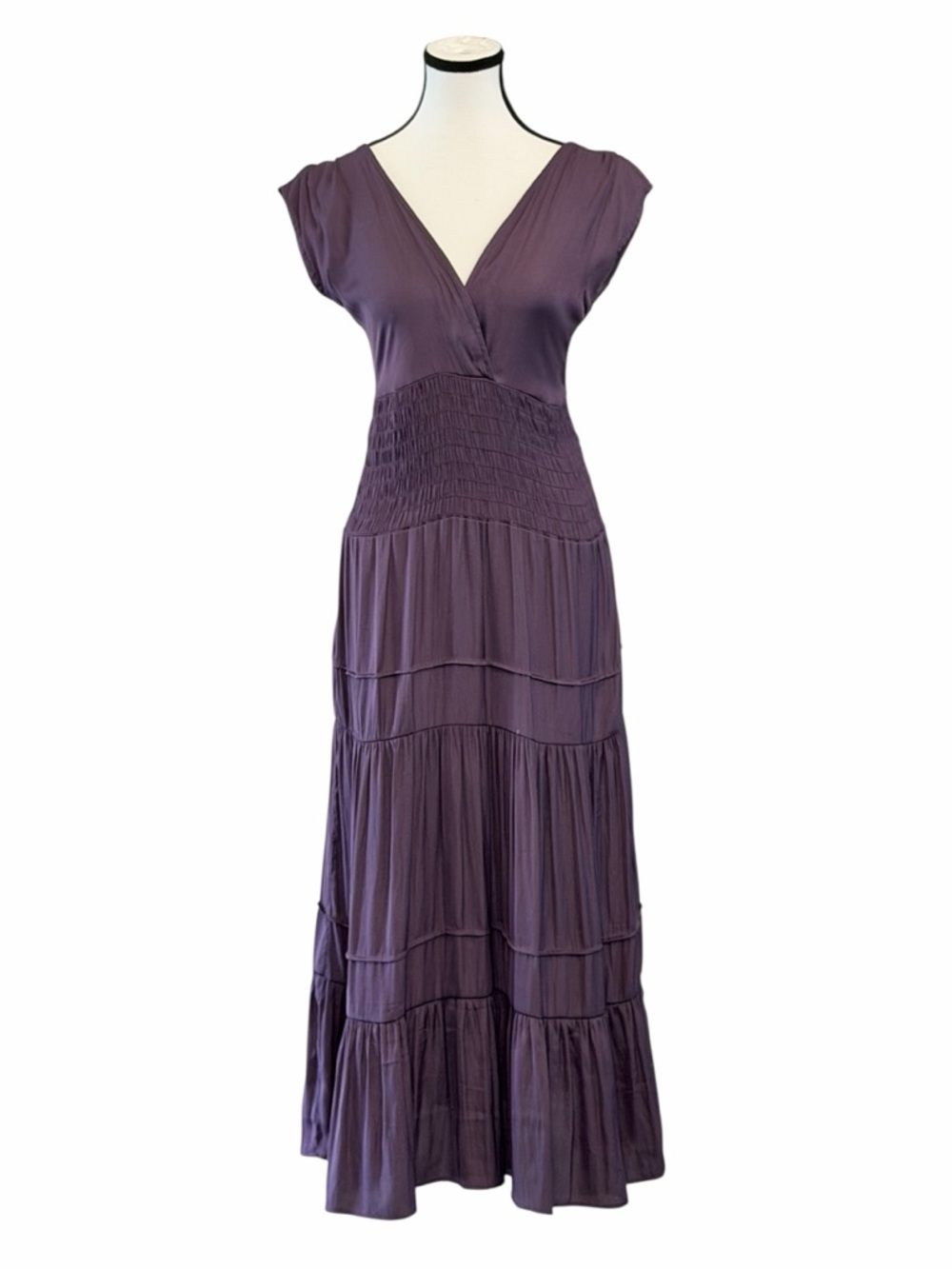 💜 Felicite Smocked Midi Dress Purple Tiered M 8-10 NWT